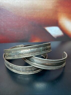 Vintage Nepal Tibet Coin Silver Cuff Bracelets Set of 3 Mix
